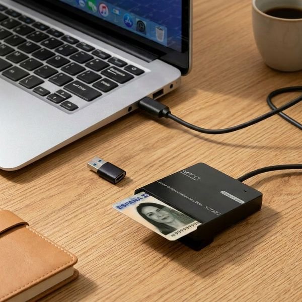 Lector DNIe Sveon SCT322 conectado a un portátil, con el DNI electrónico insertado y un adaptador USB-A sobre un escritorio de madera